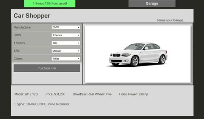 Car purchase screen.