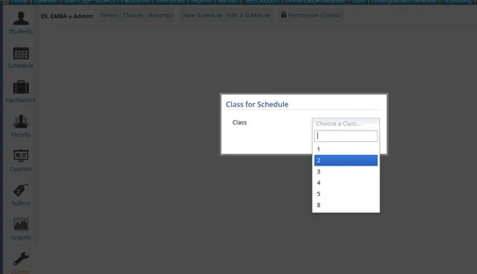 Class selection modal for schedules